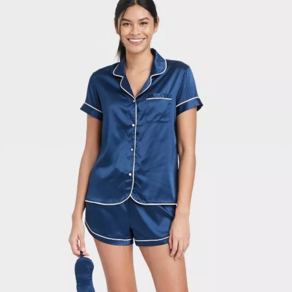 stars above Other - Women's 3pc Satin Notch Collar Top Pajama Set navy